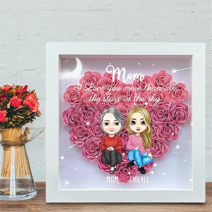 Personalized Mom Flower Shadow Box Custom Heart Shaped Rose Flower Shadow Box Frame Mother's Day Mother and Daughter Portrait Shadowbox Memory Gifts for Mom from Daughter Christmas Birthday