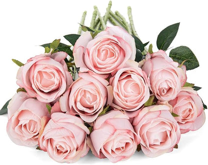 Flojery 10pcs Artificial Rose Flowers Long Stem Fake Silk Roses for DIY Wedding Bouquet Table Centerpiece Home Decor (Light Pink)