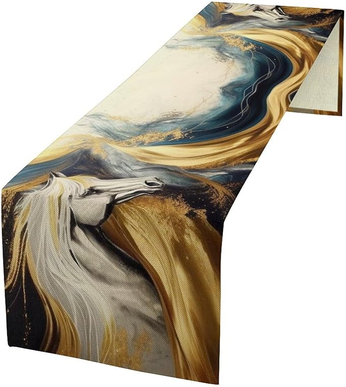 Marble Horse Table Runner, Dark Green Brown Marble Abstract White Horses Gold Natural Texture Dinner Runner Table Decoration for Home Kitchen Dining Holiday Party 13x60in