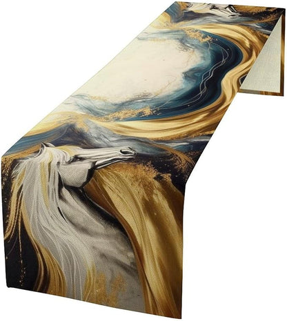 Marble Horse Table Runner, Dark Green Brown Marble Abstract White Horses Gold Natural Texture Dinner Runner Table Decoration for Home Kitchen Dining Holiday Party 13x36in