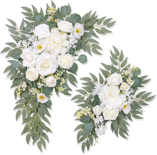 Pack of 2 Wedding Arch Decorations Artificial Hanging Flowers Floral Swag for Wedding Welcome Sign Backdrop Balloon Arch Home Party Bridal Ceremony Reusable(New White)