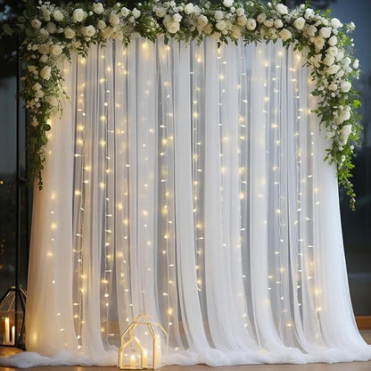 10x10ft White Tulle Backdrop Curtain with Lights String for Parites, Sheer Backdrop Curtains for Wedding Baby Shower Birthday Party Photo Shoot Decorations