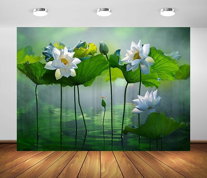 BELECO 10x8ft Fabric Lotus Flower Backdrop Lotus Garden Blooming White Lotus Flowers Pond Background Wall Decor Photo Booth Shoot Studio Props Wallpaper