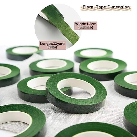 12 Rolls 1/2 Inch 30 Yard Green Floral Tape for Bouquet Stem Wrapping - Adhesive, Waterproof and Flexible (Dark Green)