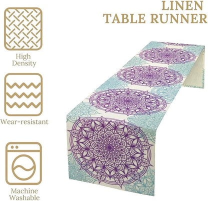 Boho Mandala Table Runner, Purple Blue Bohemian Floral Table Decor Runner for Kitchen Dining Indoor Outdoor Party Decoration, 13x120 Inch
