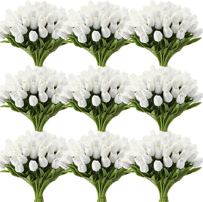 Janinka 75pcs Artificial Tulip Flowers Fake PU Tulips Faux Latex Bouquet Flower Centerpieces Arrangement Floral for Mother Day Wedding Spring Decorations (White)