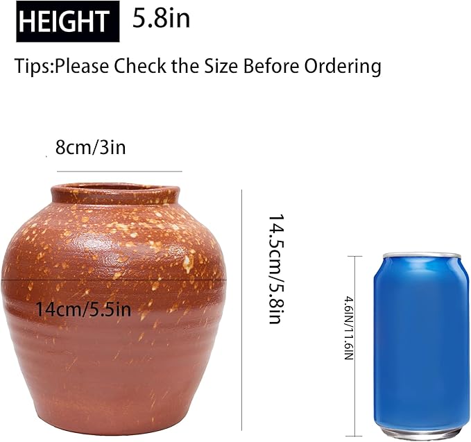 7IN Rustic Farmhouse Ceramic Vase Home Decor,Handmade Vintage Stoneware Clay Pottery Terracotta Textured for Modern Farmhouse, Living Room, Office Desk Table Shelf(Brown)