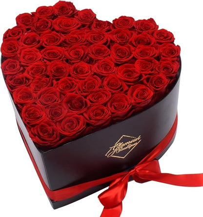 GLAMOUR BOUTIQUE 50 Flower Forever Heart Shape Box - Preserved Roses Gift for Her, Preserved Flowers, Red