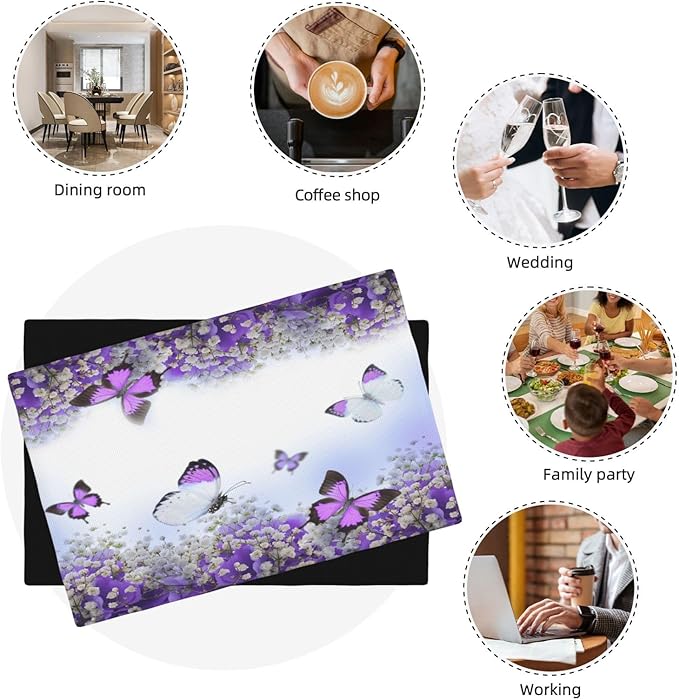 Purple Butterfly Flowers Placemats Set of 4,Spring Summer Flower Place Mats Washable for Kitchen Dining Table Heat Resistant Decorative Colth Table Mats 4 PCS, Style-1