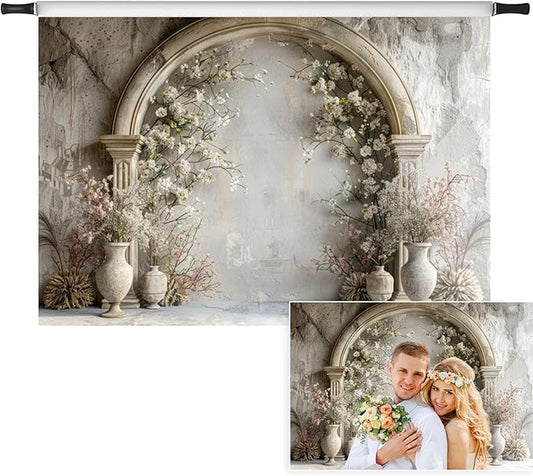 7x5ft Vintage Wedding Floral Backdrop Countryside White Wildflower Old Building Wall Photography Background for Valentines Day Bridal Shower Birthday Princess Couples Women Portraits