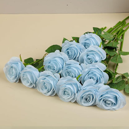 12pcs Roses Artificial Flowers Fake Roses Baby Blue Silk Roses White Silk Flowers Rose with Long Stems for Wedding Home Party Centerpieces Decorations