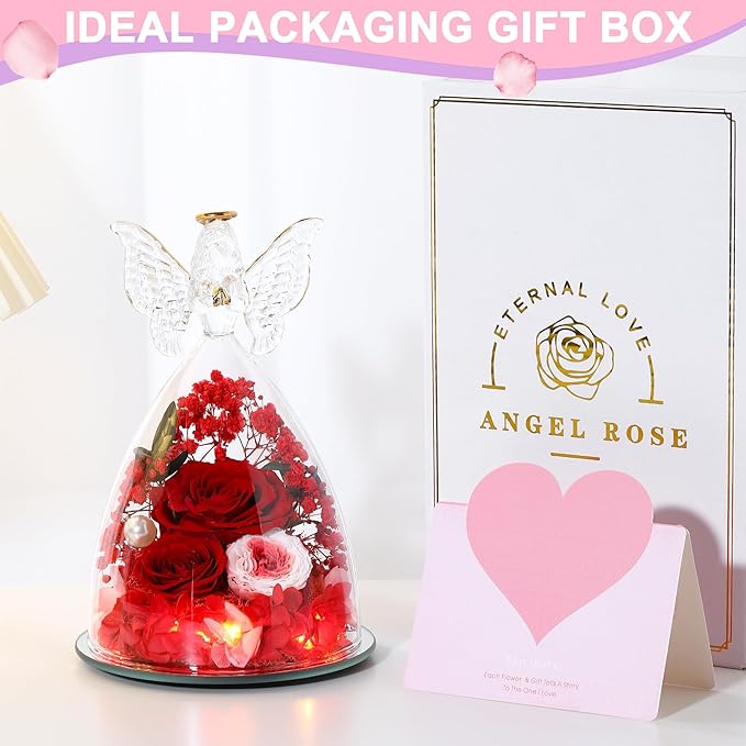 Christmas Rose Gifts for Women Preserved Real Flower in Glass Angel Figurines Roses for Delivery Prime Birthday Gifts for Mom Grandma Girlfriend Wife Her,Red Pink Austin Roses