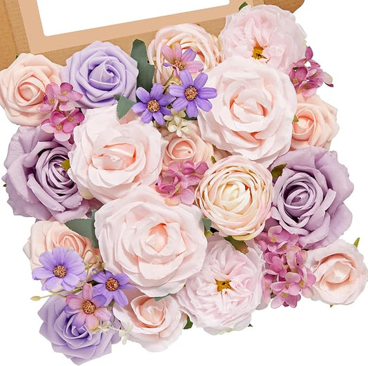 Serwalin 2Pcs Artificial Flowers Fake Silk Flowers Combo Realistic Mixed Roses Box for DIY Wedding Bridal Bouquets Centerpieces Arrangements Faux Flowers with Stems Home Decor, Pink&Lilac