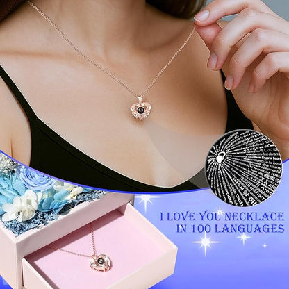 Gifts for Mom Grandma Christmas Birthday Preserved Flowers Roses with Heart Necklace Fresh Flowers for delivery Prime Eternal Forever Flower Box Xmas Gifts for Women Mother Her Wife from Daughter