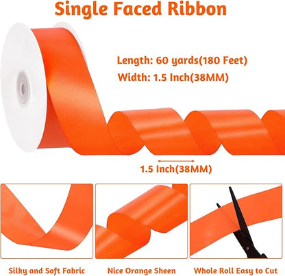 Orange Ribbon 1-1/2 Inch 60 Yards Orange Satin Ribbon Fall Decor Ribbons for Gift Wrapping Crafts Flower Bouquet Halloween Christmas Decorations