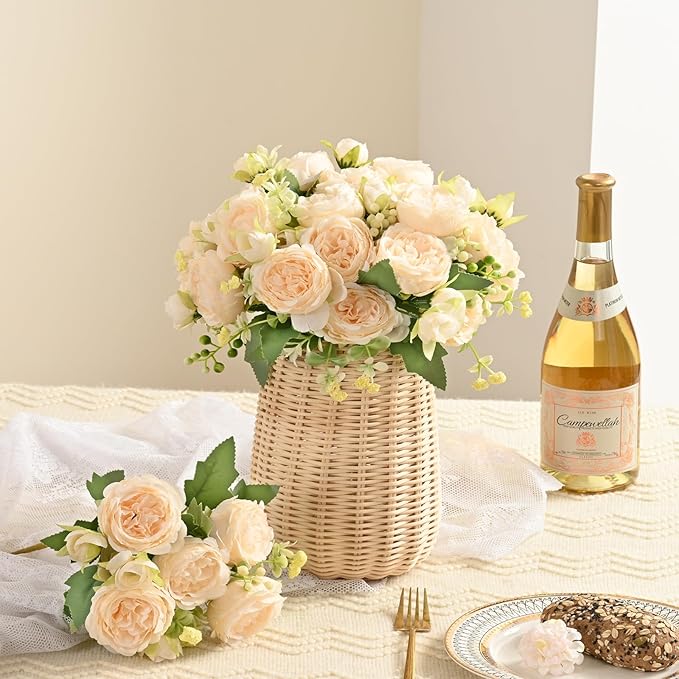 MARTINE MALL 4 Packs Peonies Artificial Flowers, Champagne Artificial Peonies, Silk Peonies Flowers Fake Peonies Artificial Flowers Peonies Bouquet for Centerpiece Table Wedding Party Home Decor