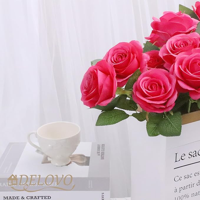52pcs Hot Pink Roses Artificial Flowers Fake Flowers Silk Roses with Stems for DIY Wedding Bouquets Bridal Shower Centerpieces Arrangements Party Decorations