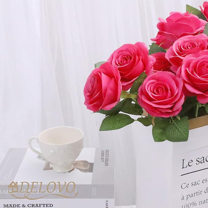 52pcs Hot Pink Roses Artificial Flowers Fake Flowers Silk Roses with Stems for DIY Wedding Bouquets Bridal Shower Centerpieces Arrangements Party Decorations