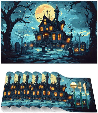 Halloween Castle Moon Scary Placemats Set of 1 PVC Vinyl Non Slip Table Mats Heat Resistant Place Mats Washable Wipeable Dining Table Mat for Kitchen Decor Party Indoor Outdoor Decorative Gift