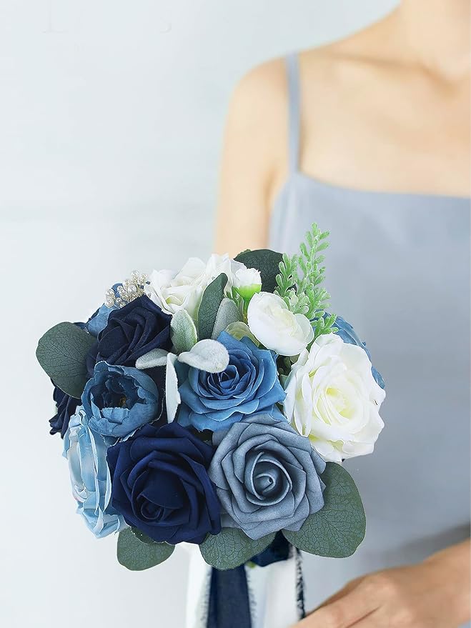 Rinlong 1Pc Navy Blue Bridesmaids Bridal Bouquet Artificial Wedding Bouquets for Bride Bridesmaid Silk Bouquet for Wedding Prom