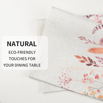 QIYI Boho Placemats Set of 4, 12x18 Inch Linen Fabric Floral Place Mats for Kitchen Dinning, Farmhouse Rustic Cloth Table Mats, Washable Placemat Party Table Décor, Autumn Wildflowers
