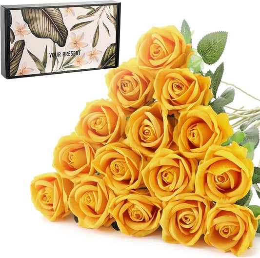 15Pcs Pearl Yellow Roses Artificial Flowers Fake Roses Long Stem Velet Rose Silk Flowers for Home Wedding Decoration (Pearl Rose,Yellow)