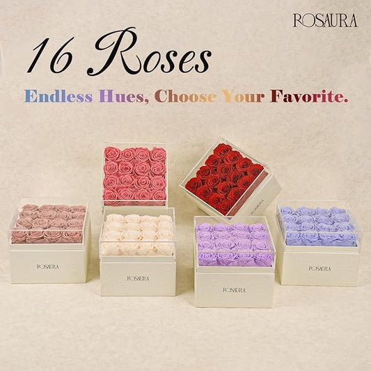 Rosaura Square Preserved Roses Gift Box - Real Forever Flowers in Clear Acrylic Lid, Valentine's for Women (red, 16 Roses)