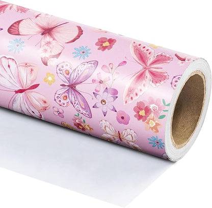 WRAPAHOLIC Pink Butterfly Wrapping Paper Roll - Mini Roll - 17 Inch x 33 Feet - Fantasy Floral Butterfly Design, Perfect for Birthday, Wedding, Bridal Shower