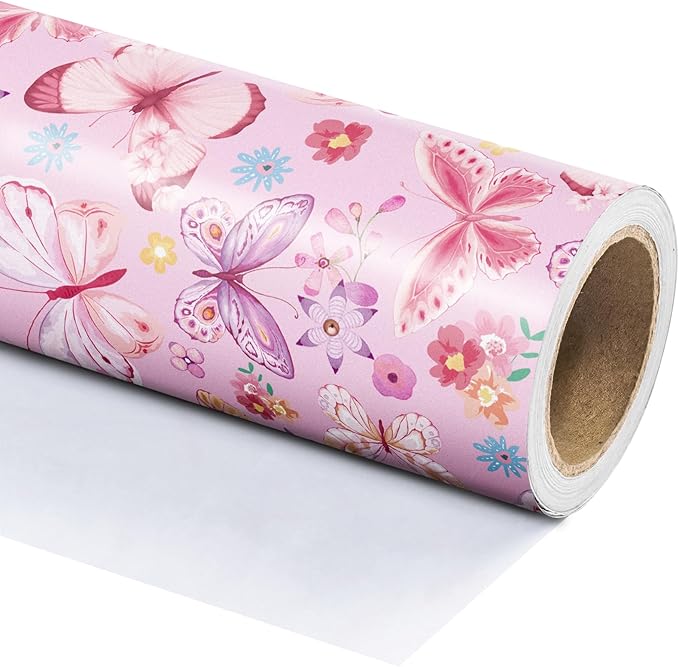 WRAPAHOLIC Pink Butterfly Wrapping Paper Roll - Mini Roll - 17 Inch x 9.8 Feet - Fantasy Floral Butterfly Design, Perfect for Birthday, Wedding, Bridal Shower