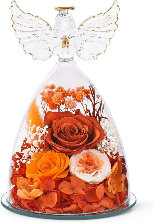 FIACO Gifts for Women Mom Preserved Rose Forever Flower in Glass Angel Figurine Fresh Flowers for Delivery Birthday Gifts for Grandma Wife Sister Christmas Anniversary Eternal Roses