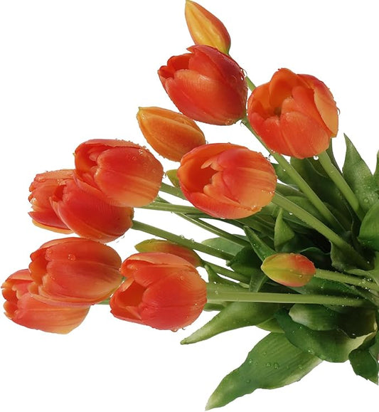 15Pcs Fake Tulips Artificial Flowers Real Touch Latex Bouquet Faux Tulips for Centerpiece Arrangements Wedding Party Home Décor (Orange)