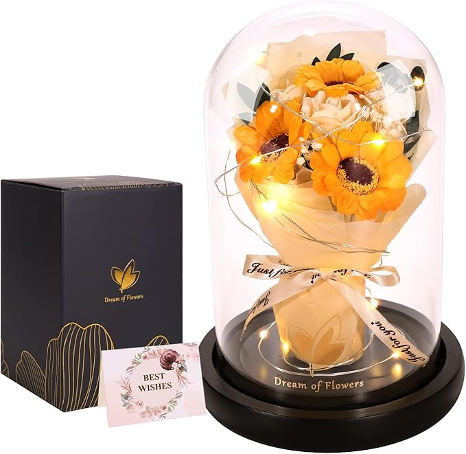 Christmas Sunflower Gifts for Her,Flower Rose in Glass Dome with 2 Lighting Mode,Sunflower Gifts for Mom,Artificial Forever Flowers Xmas Birthday Gifts for Women Mom Wife Girlfriend Sister Friend