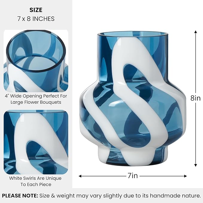 Torre & Tagus 8" White Striped Blue Vase for Flowers - Hand Blown Blue & White Art Glass Vase Modern Home Decor, Large Table Centerpiece for Living Room Consoles, Dining Tables, Modern Art Displays