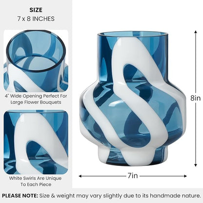 Torre & Tagus 8" White Striped Blue Vase for Flowers - Hand Blown Blue & White Art Glass Vase Modern Home Decor, Large Table Centerpiece for Living Room Consoles, Dining Tables, Modern Art Displays