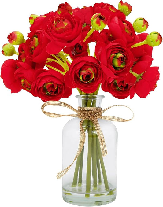 Ranunculus Artificial Flowers with Vase, 8 Pcs Faux Silk Ranunculus Flower in Vase, Small Flower Arrangements for Home Decor Indoor, Table Centerpiece. (Red)