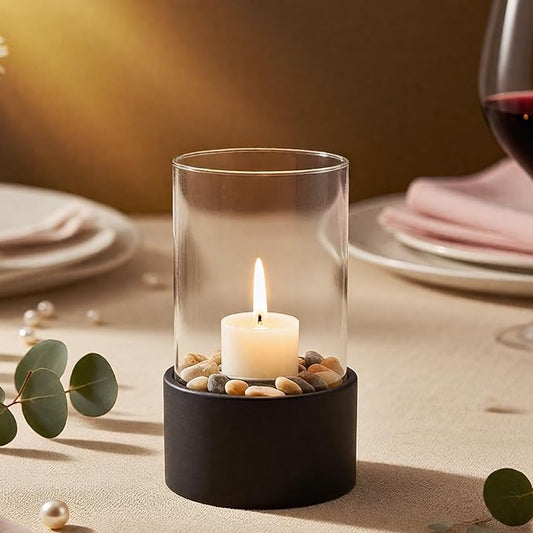 EastFlame Tabletop Hurricane Candleholder with Decorative Stones - Suitable for Dia 2.5" and Below Pillar Candles and Scented Candles, Gift for Dinner Table Centerpiece & Housewareming Gift