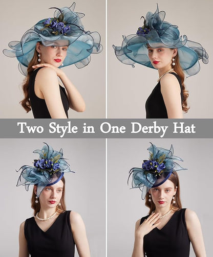 Organza Derby Hats for Women Wide Brim Fascinator Hat Rose Flower Wedding Tea Party Hat