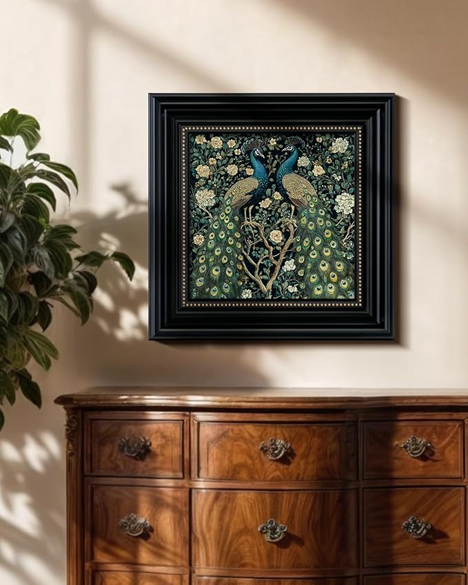 3D Textured Framed Peacock Wall Art 16x16 Vintage Floral Botanical Decor Sandstone Surface, Victorian Antique Bird Painting Black Frame Gold Dot Accents, Classic Peacock Artwork Home Shop Decor