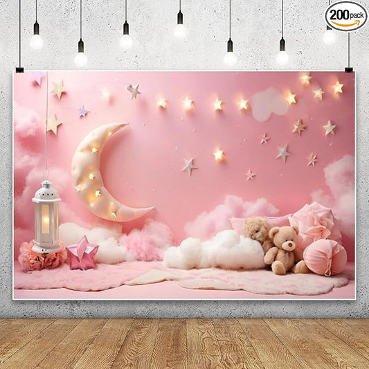 7x5ft Pink Cotton Cloud Backdrop Pink Flowers Moon and Stars Light Decor Cute Teddy Photography Background Children Baby Shower Backdrops for Shoot Photo Video Prop