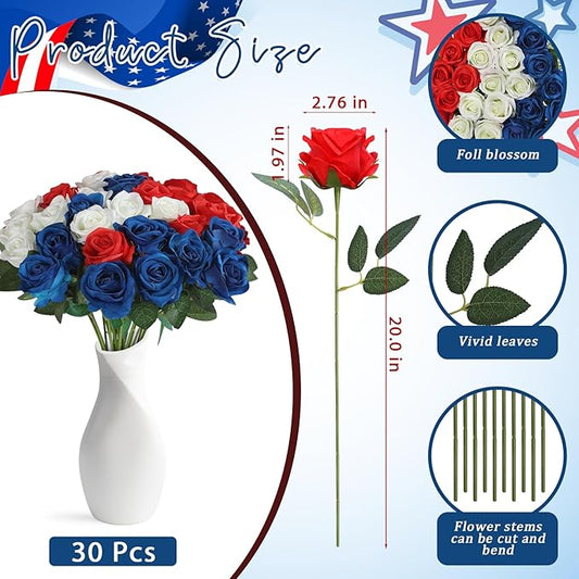 30pcs Fake Roses Artificial Silk Flowers Long Stems Bouquet for Wedding Bridal Shower Party Home Decoration (Red,White,Blue)