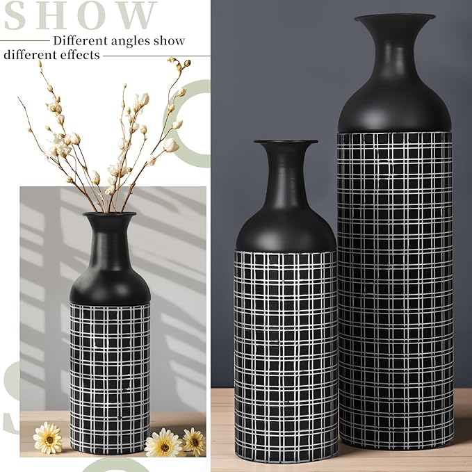 Tall Floor Vase Set of 3, Large Black Metal Vase with Minimalist White Lines & Detachable Vases Mouth, Big Modern Decorative Vases for Living Room,Hallway,Dining Rooms,Office,Kitchen.