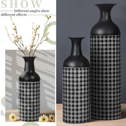 Tall Floor Vase Set of 3, Large Black Metal Vase with Minimalist White Lines & Detachable Vases Mouth, Big Modern Decorative Vases for Living Room,Hallway,Dining Rooms,Office,Kitchen.