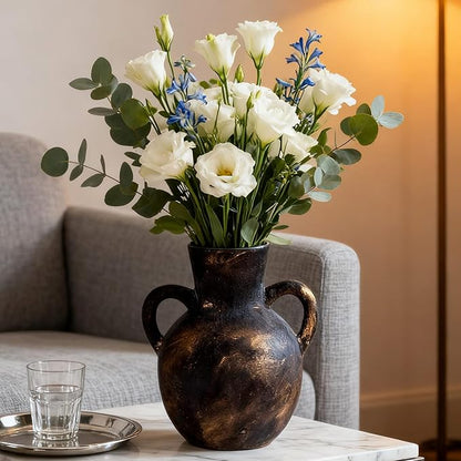 Rustic Ceramic Farmhouse Flower Vase with 2 Handles, Whitewashed Terra Cotta Vase, Decorative Pottery Flower for Home Decor, Table, Living Room, Shelf Decor, 7.3 Inch, Bronze