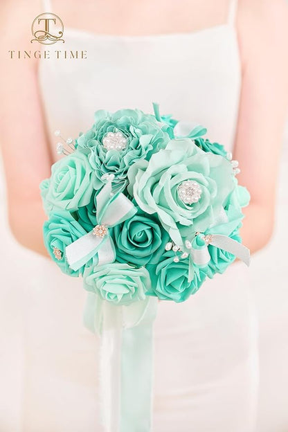 TINGE TIME Bridesmaid Bouquets for Wedding Set of 6 Teal Blue 7 Inch Wedding Bouquets Artificial Silk Flowers Bridal Bouquets for Bridesmaids, Wedding Decor, Anniversary