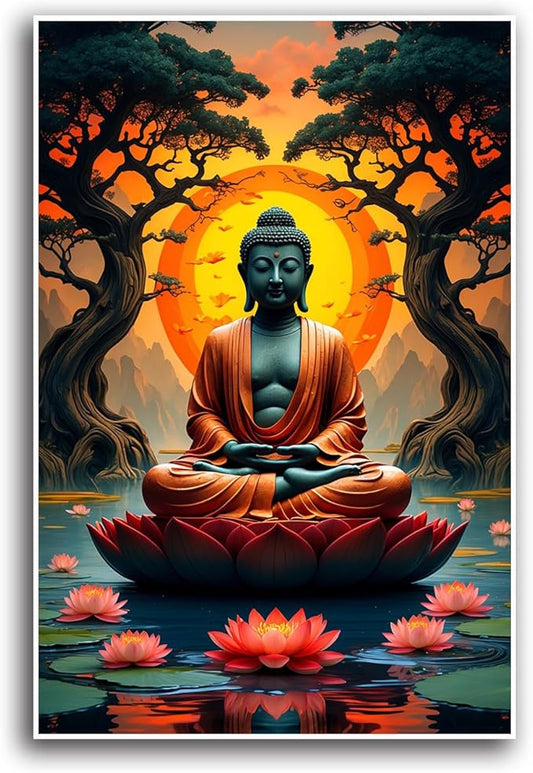 Canvas wall art Golden Buddha on lotus at sunset Ancient trees with reflections on water Serene meditation scene Uplifting wall art for mindfulness and tranquil home decor 12x18in Frameless