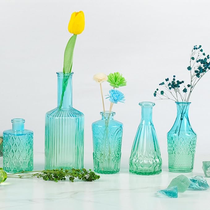 5Pieces Embossing Glass Vases Set Gradients Small Flower Buds Vases for Home Decors and Centerpieces Floral Arrangements