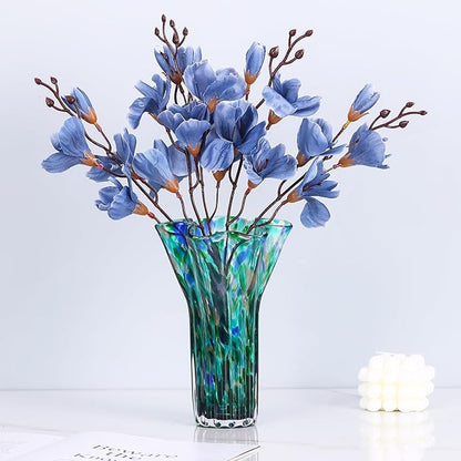 7.8" Tall Teal Vase Hand Blown Glass Vase Green, Modern Teal Home Centerpieces Wide Mouth Vases for Bud&Flower Decor - Ideal Living Room, Kitchen, Wedding, Dining Table, Office Center Table