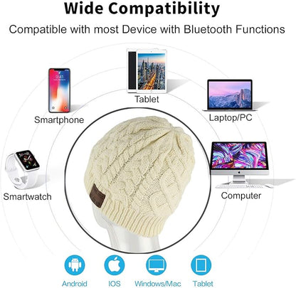 Wireless Beanie Hat for Men Women Wireless Headset Headphones Music Audio Boys Girls Winter Cap with Speaker Mic Hands Free Outdoor Sport Stereo Earphone Earpieces Warm White