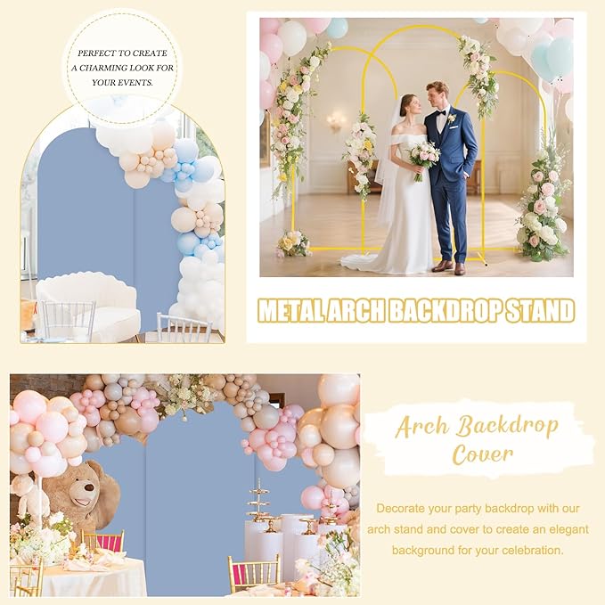 7.2FT Arch Backdrop Stand and Dusty Blue Arch Cover Set Metal Arch Stand Backdrop with Wedding Arch Stand Covers Balloon Arched Frame with Cover for Baby Shower Birthday Party Ceremony Grad Decor