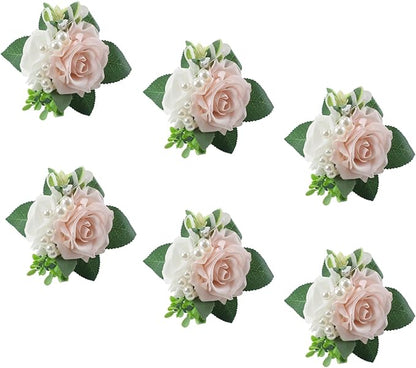 Meldel Pink&White Boutonniere for Men Wedding, Set of 6,Elegant Pearls Rose Boutonniere for Groom Groomsman Prom,Homecoming,Anniversary,Party,Prom Flowers and Vintage Wedding